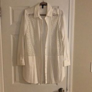 BCBG white lace tuxedo shirt-dress.